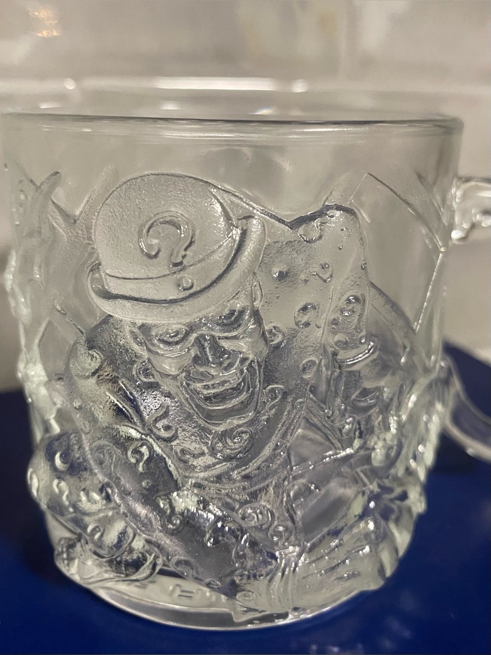 1995 McDonald’s Batman Forever RIDDLER Clear Glass Collectible Mug 3D Design VTG